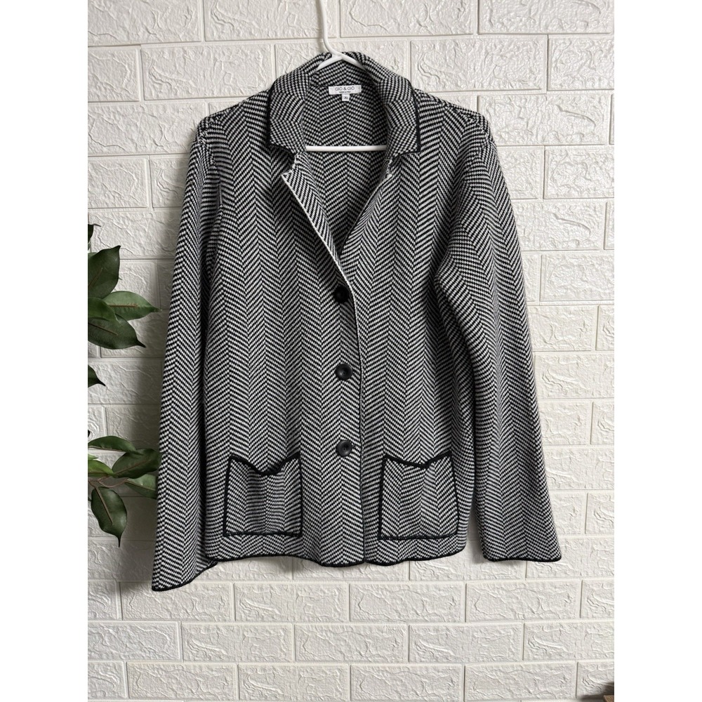 Gio & Gio Italy Wool Blend Cardigan, Black White Geometric Herringbone. Sz XL